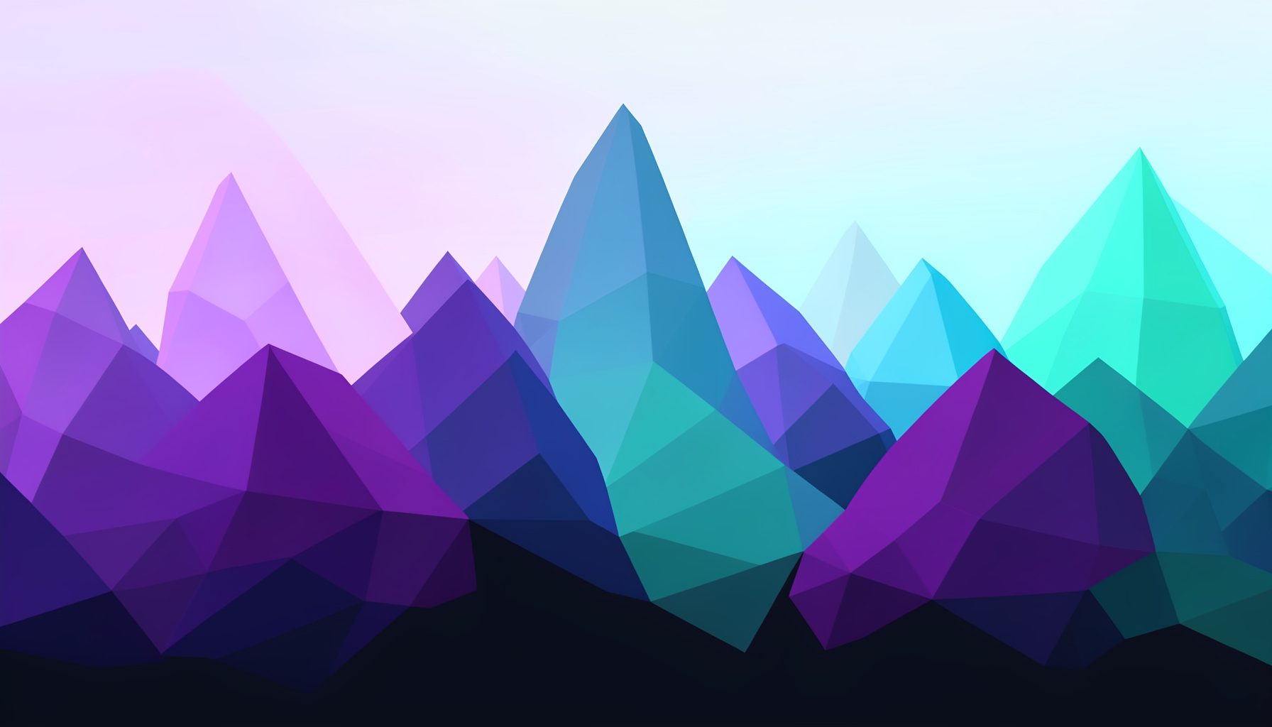 A low-poly faceted geometric landscape with angular purple and teal crystalline forms rising from a dark base, soft gradients of violet and cyan meeting a pale near-white sky, conveying a calm digital atmosphere