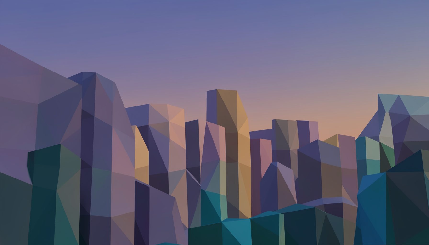 Low-poly faceted geometric render of a modern city skyline at dusk, with angular building forms in soft purples, warm amber, and slate gray tones against a gradient twilight sky