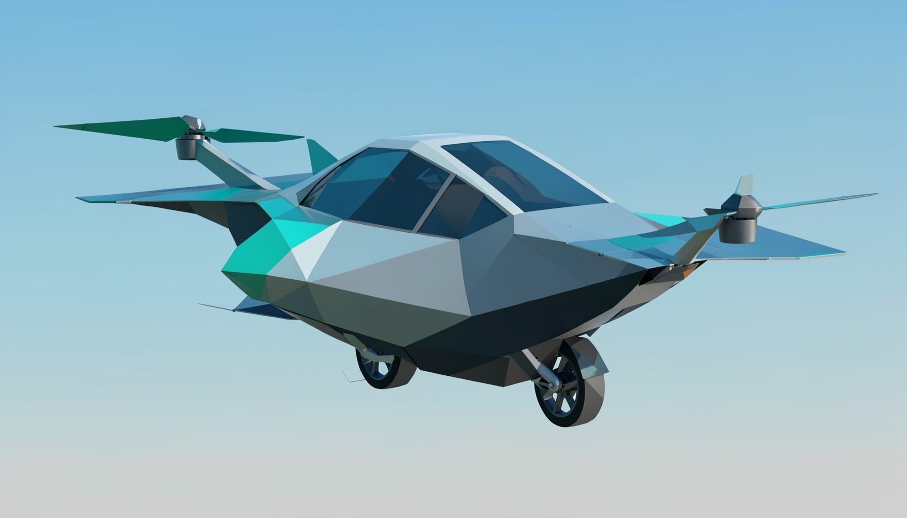 Low-poly faceted geometric render of a split-type flying car concept with a sleek two-seat pod, autonomous chassis, and multi-rotor flight module in cool silver, deep blue, and matte charcoal tones against a soft gradient sky